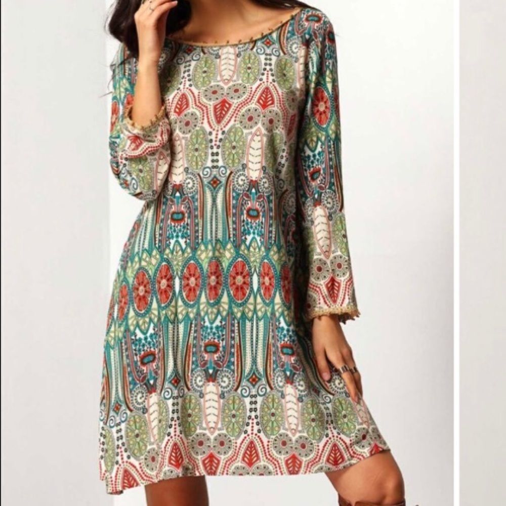 Shein Aztec Print V Back Shift Dress Size Small‎
